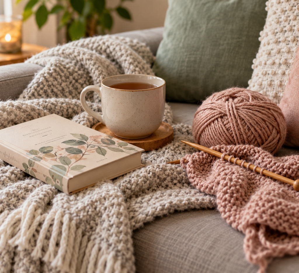 A quiet moment of rest with a book, tea, and knitting on a sofa. A quiet moment of rest with a book, tea, and knitting on a sofa.