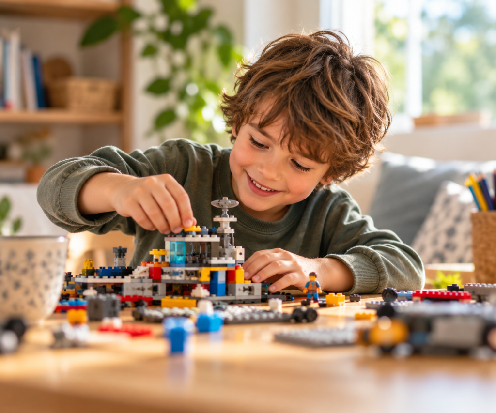 A child playing with lego A young boy concentrates happily as he builds a model, showing his natural creativity.