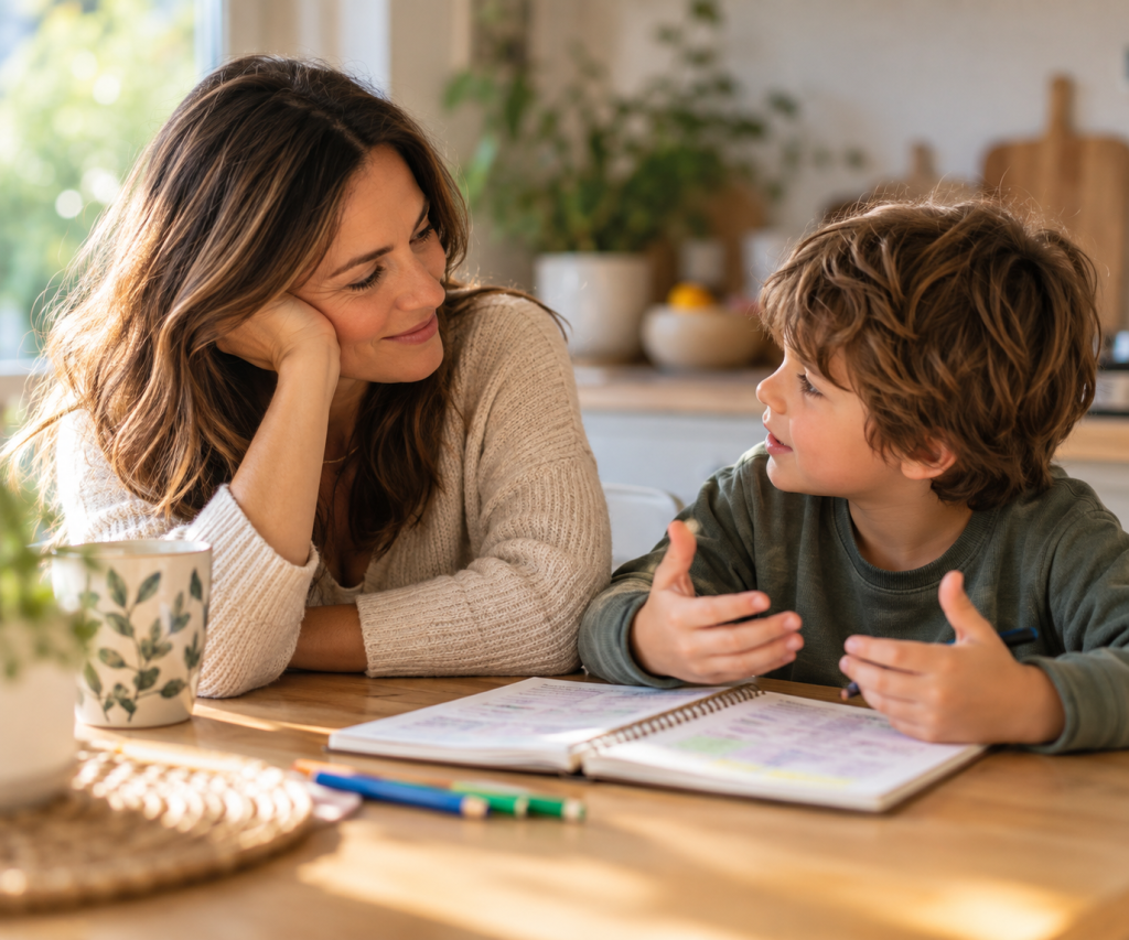 A mum sits beside her son at the kitchen table as he works in a notebook, listening to him with a calm, open expression. A mum sits beside her son at the kitchen table as he works in a notebook, listening to him with a calm, open expression.